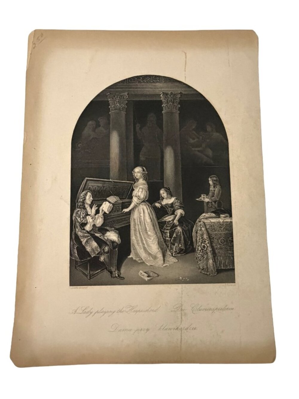 Antique 1840s A Lady Playing Harpsichord A.H. Payne Caspar Netscher Steel Engrav
